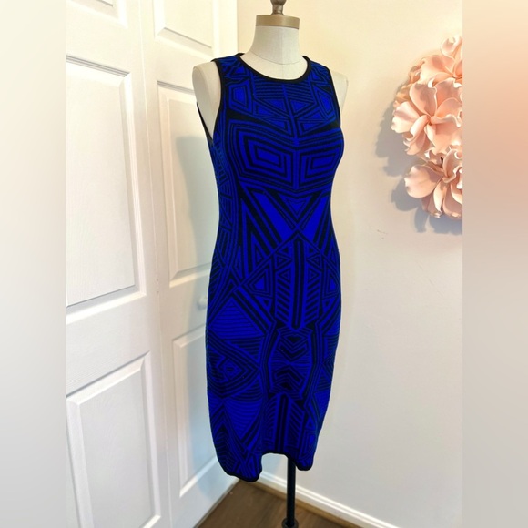 NWOT Forever 21 Black Blue GeO Print Knit Bodycon Stretch Women’s Dress Large - Picture 2 of 6
